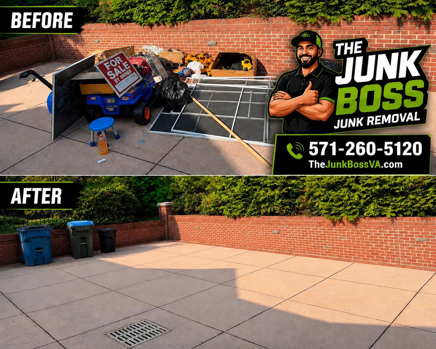 Before and after junk removal courtyard cleanout by The Junk Boss — old toys, boxes and debris cleared to a clean patio