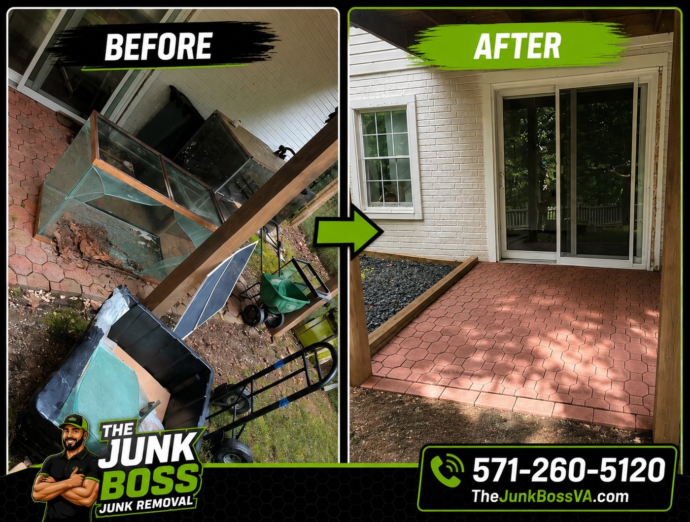 Before and after patio cleanout by The Junk Boss — a cluttered patio cleared to a clean, usable space