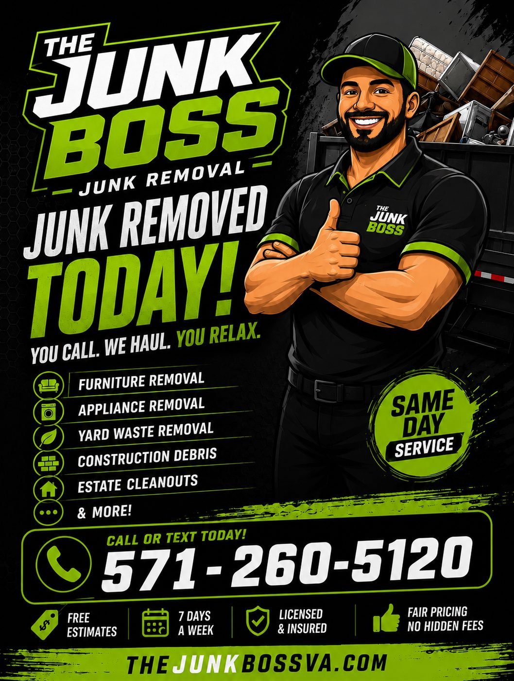 The Junk Boss same-day junk removal services in Virginia — furniture removal, appliance removal, yard waste and construction debris
